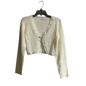 Cato Cardigan Sweater Sz Small Ivory Cable Knit Crop Cable Knit Ribbon Trim
